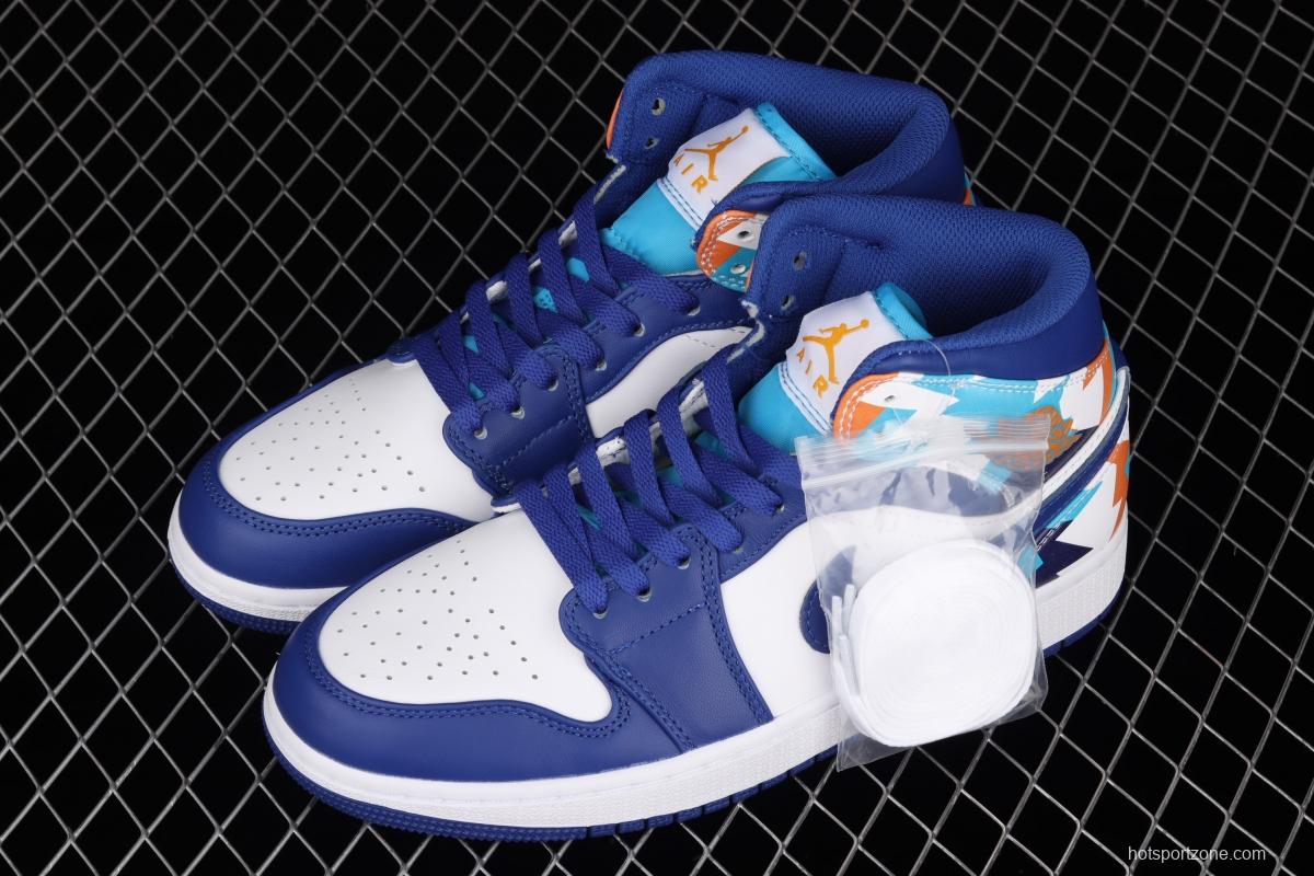 Air Jordan 1 Mid geometrical white and blue Zhongbang basketball shoes 555112-105