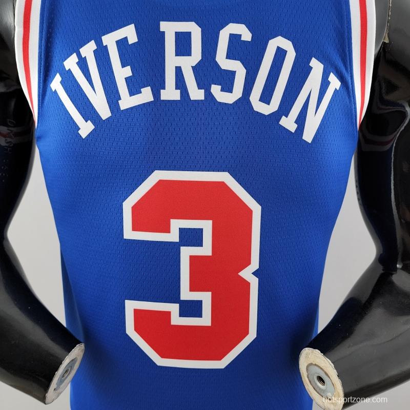 Retro Philadelphia 76ers Iverson #3 Crew Neck Blue NBA Jersey 