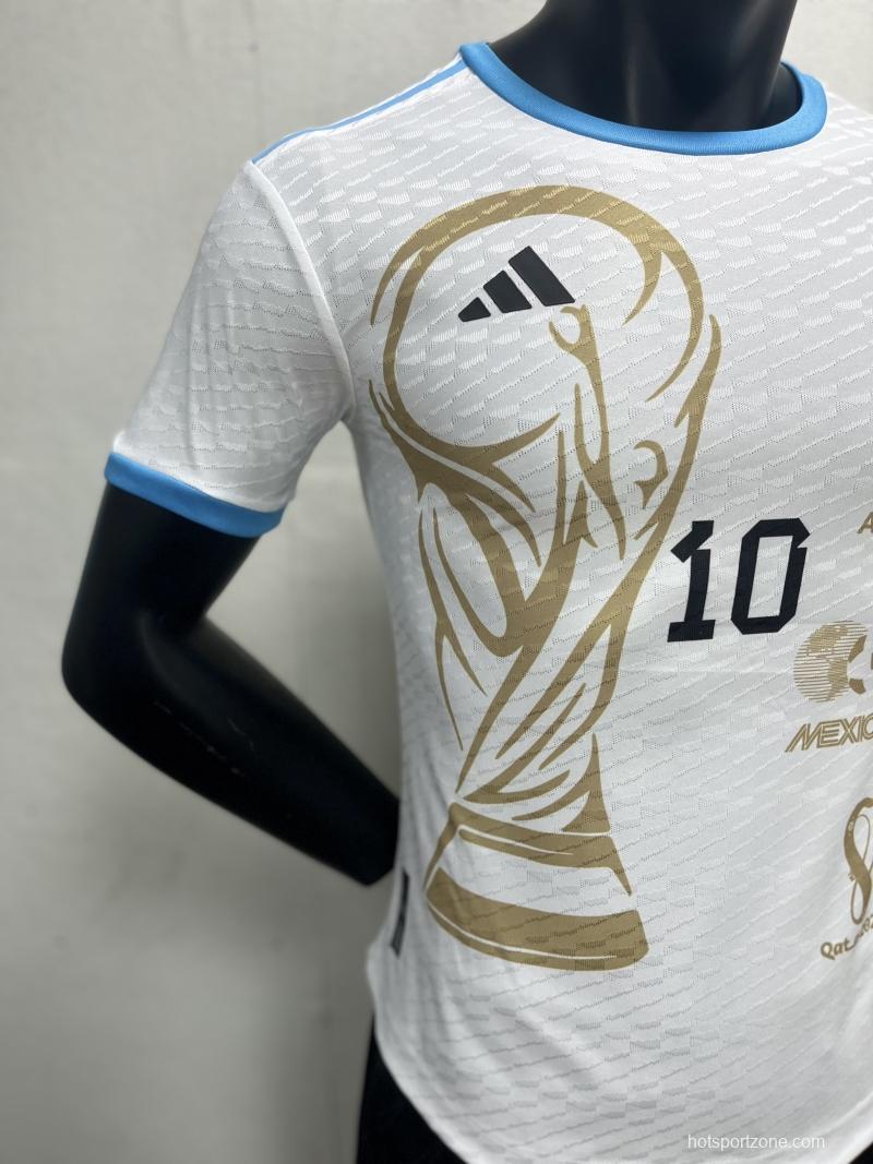 Player Version 3 Stars Argentina White Training Jersey With Number 10 Printing