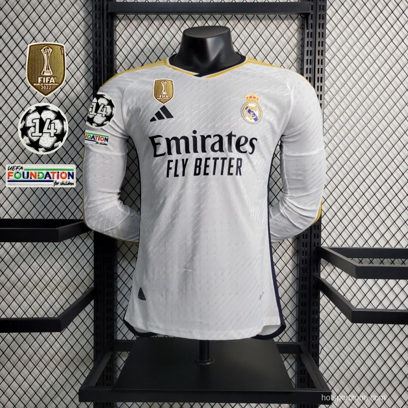 Player Version 23-24 Real Madrid Home Long Sleeve Jersey With Full Champion Patches