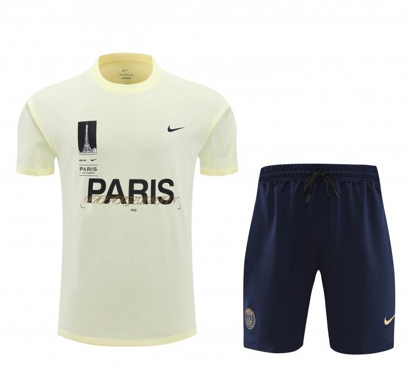 23/24 PSG Light Yellow Cotton Short Sleeve Jersey+Shorts