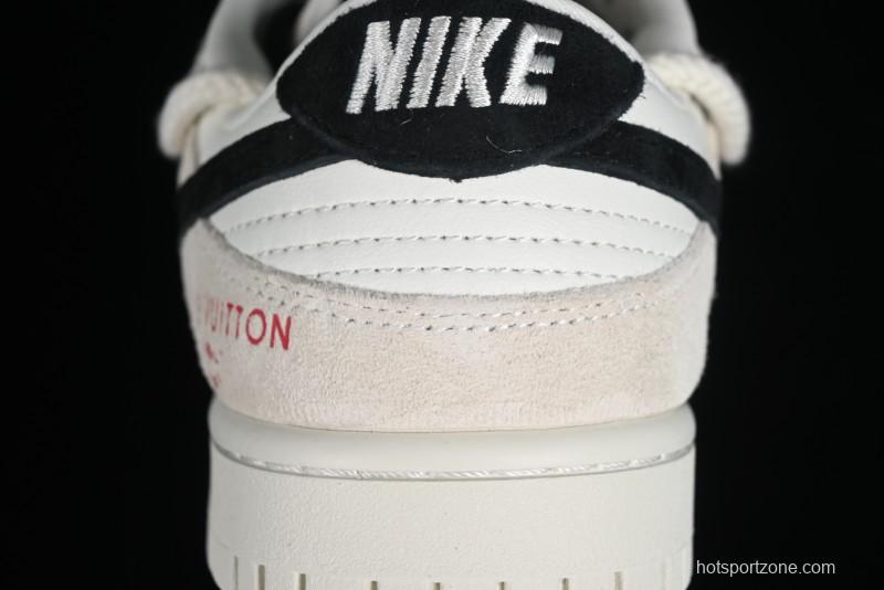 Nike SB Dunk Low LV Collaboration Anniversary Customized Sneakers in Off-White Black Swoosh Triple Floral - SJ2068-235