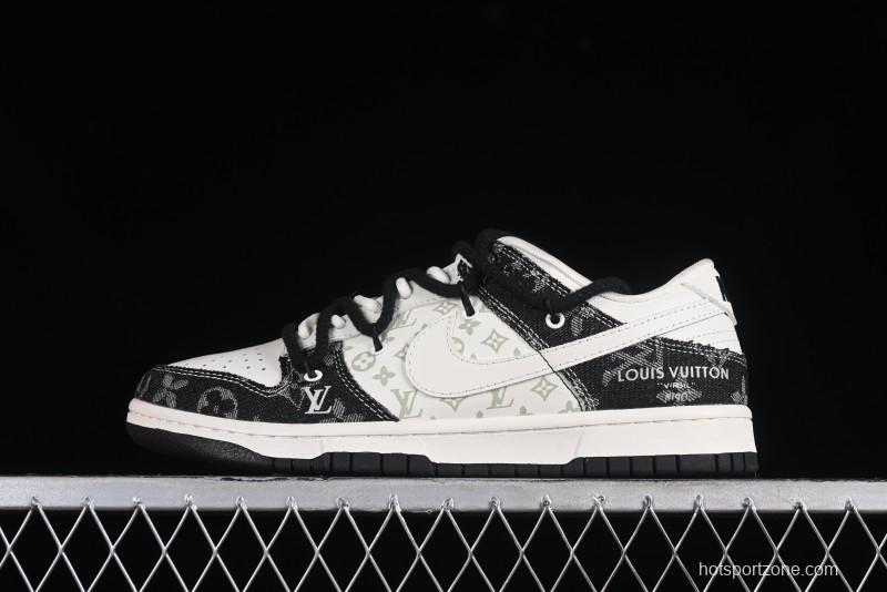 Nike SB Dunk Low LV Collaboration - Black Denim Print Anniversary High-End Custom Low-Top Casual Skate Shoes - SJ2068-238