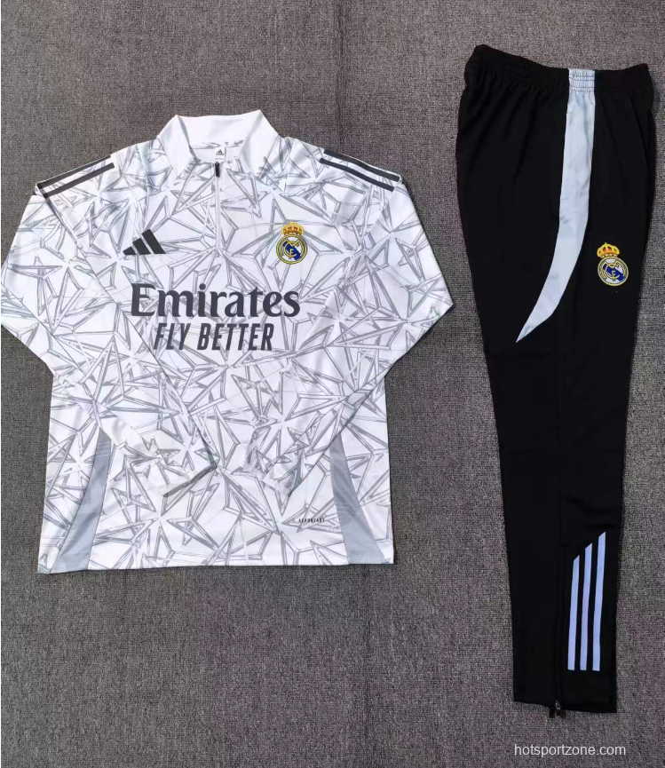 24/25 Kids Real Madrid White Special Half Zipper Jacket+Long Pants