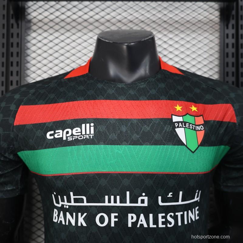 Player Version 25/26 CD Palestino Away Black Jersey with Red-Green Stripes and Bank of Palestine Sponsor