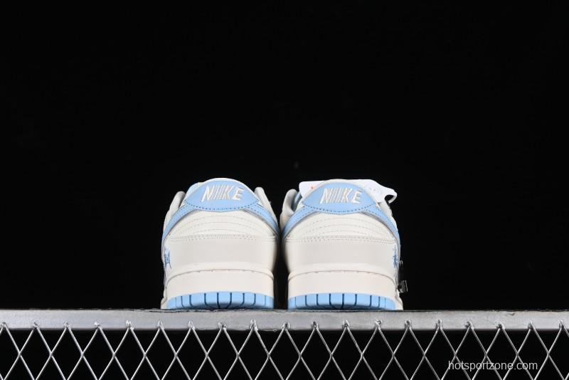 Stussy x Nike Dunk Low SB Skate Shoes in White with Light Blue Swoosh - DQ1098-380