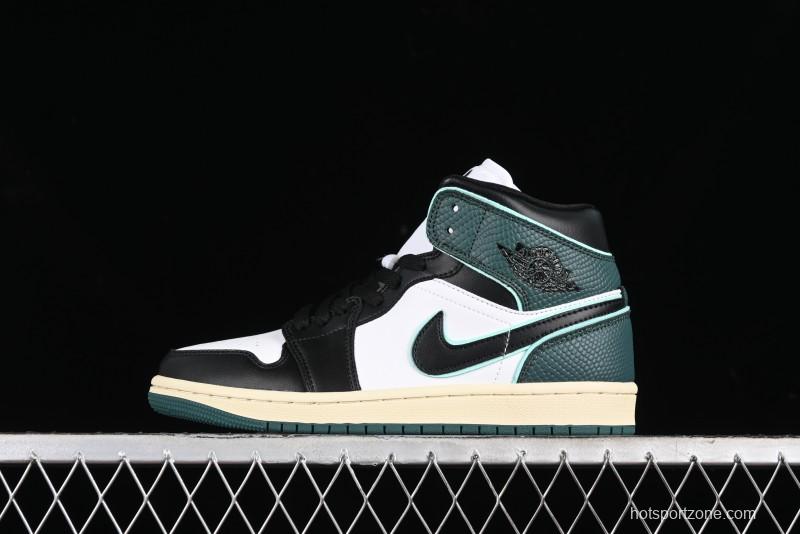 Nike Air Jordan 1 Mid AJ1 Snake Black Green Toe Mid-Top Basketball Shoes - FQ7818-100
