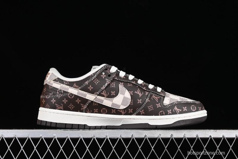 Nike SB Dunk Low LV Collaboration - Checkerboard Brown Monogram White Swoosh Anniversary High-End Custom Low-Top Casual Skate Shoes - SJ2068-255
