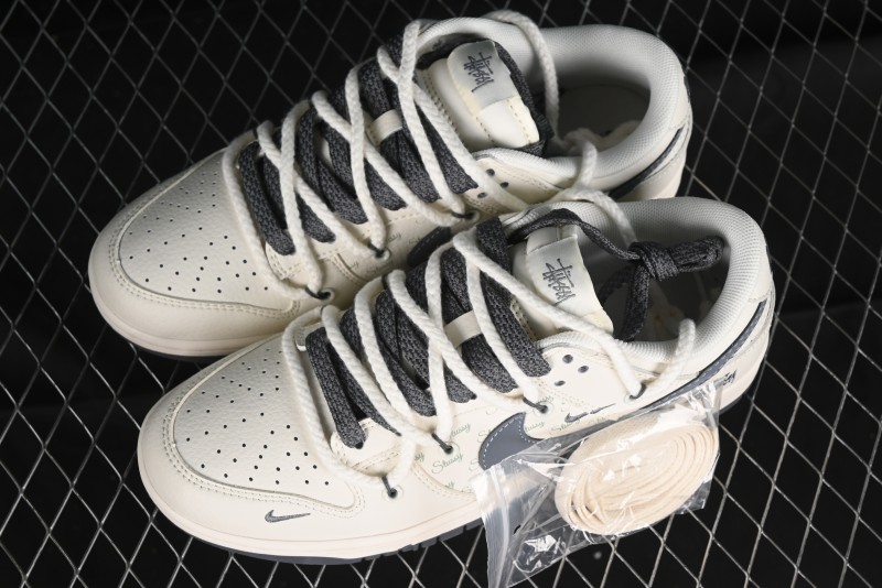 Stussy x Nike Dunk Low SB Sneakers in Off-White and Gray with Stussy S Titanium Accessory - SJ2068-275