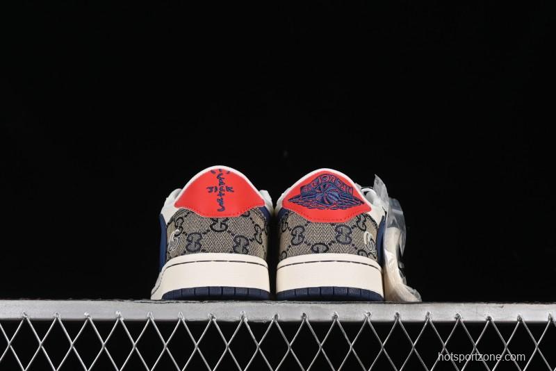 Nike Travis Scott x Fragment Design x Air Jordan 1 Low OG SP AJ1 Gucci Collaboration - Silver Logo Blue Swoosh Low Top Casual Sneakers - XY2688-118
