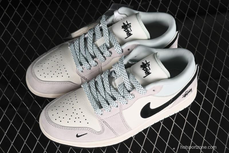 Nike Air Jordan 1 Low Stussy Collaboration - Black Blue Pigment Patchwork Retro Basketball Shoes - LJ6688-008