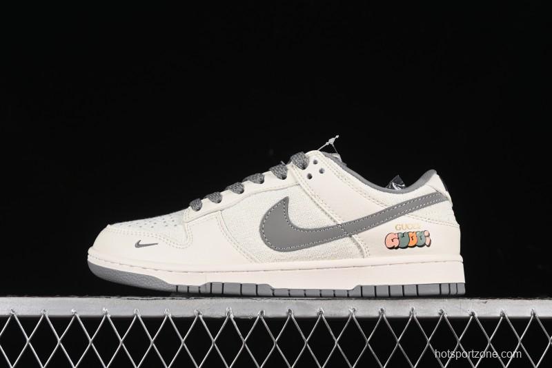 Nike SB Dunk Low Gucci Collaboration Anniversary High-End Custom Sneakers in Off-White & Dark Gray Swoosh - DQ1098-383