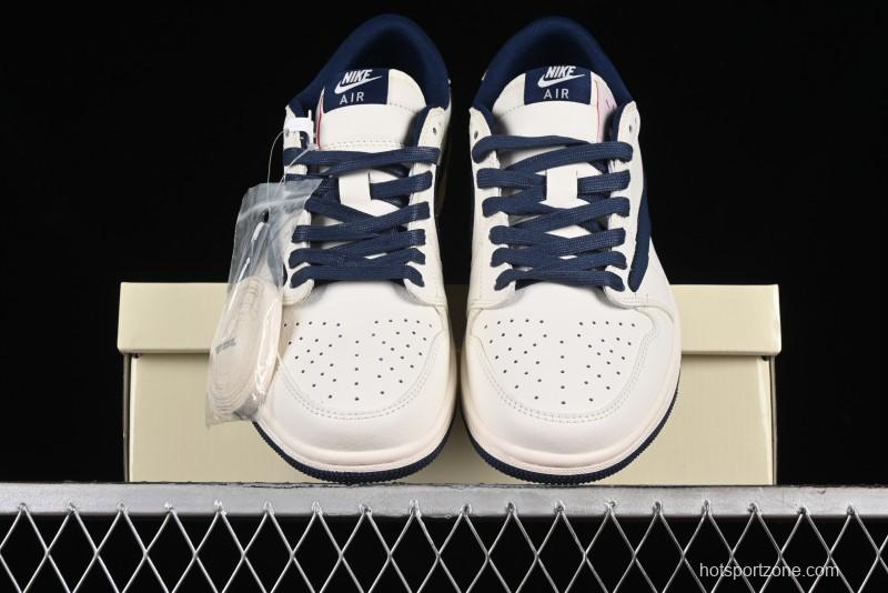 Nike Travis Scott x Fragment Design x Air Jordan 1 Low OG SP AJ1 Supreme Collaboration - White Navy Blue Low Top Casual Sneakers - XZ116