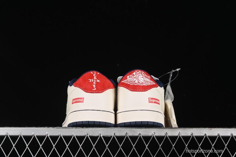 Nike Travis Scott x Fragment Design x Air Jordan 1 Low OG SP AJ1 Supreme Collaboration - Deep Blue Red Culture Casual Sneakers - XY2688-122
