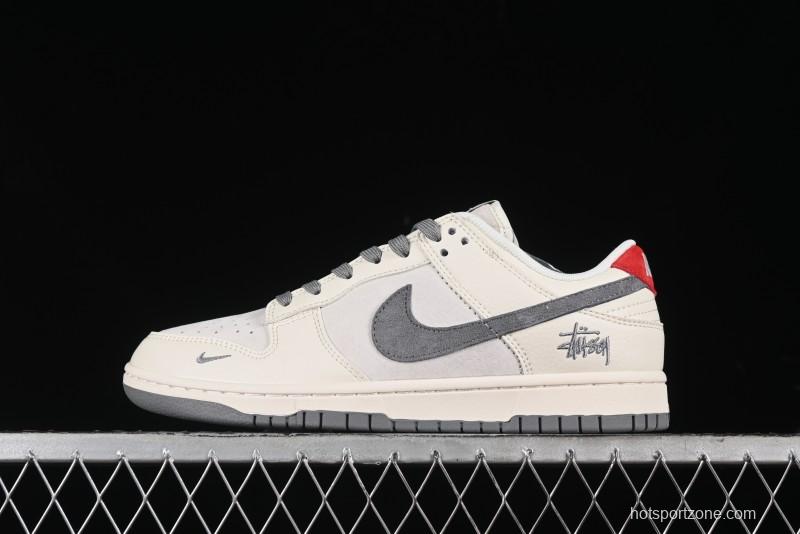 Nike SB Dunk Low Stussy Collaboration - Grey Pigskin Red Tail Anniversary High-End Custom Low-Top Casual Skate Shoes - XY2025-015