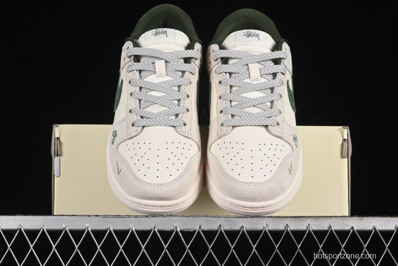 Nike SB Dunk Low Supreme x Stussy Triple Collaboration - Off White Green Swoosh Anniversary Custom Low-Top Casual Sneakers - SJ2068-303
