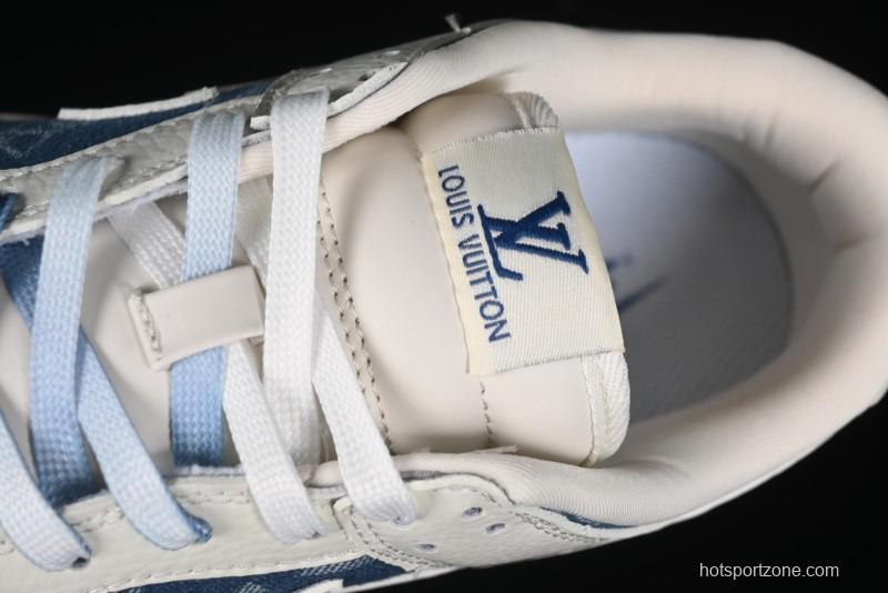 Nike SB Dunk Low LV Collaboration - Beige Blue Print Anniversary High-End Custom Low-Top Casual Skate Shoes - JH8310-954