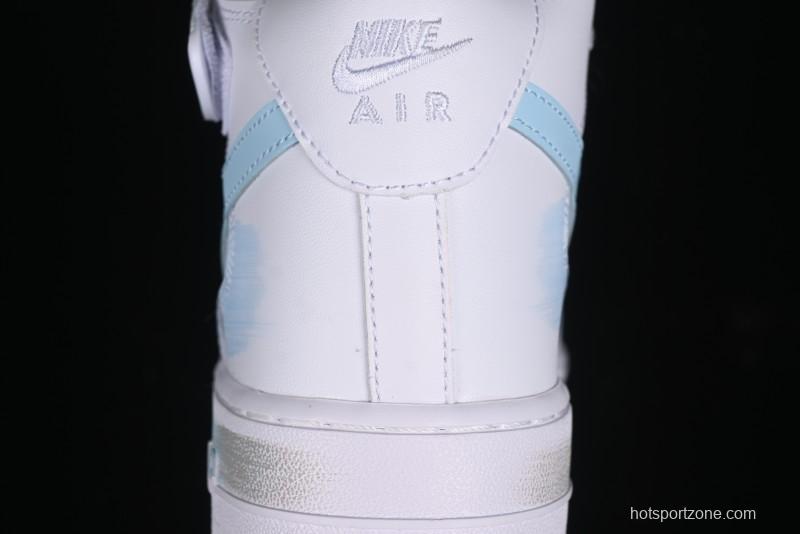 Nike Air Force 1 '07 Mid Light Blue Hand-Painted Cracked Three Stripes Shadow Mid-Top Casual Sneakers - CW2289-111