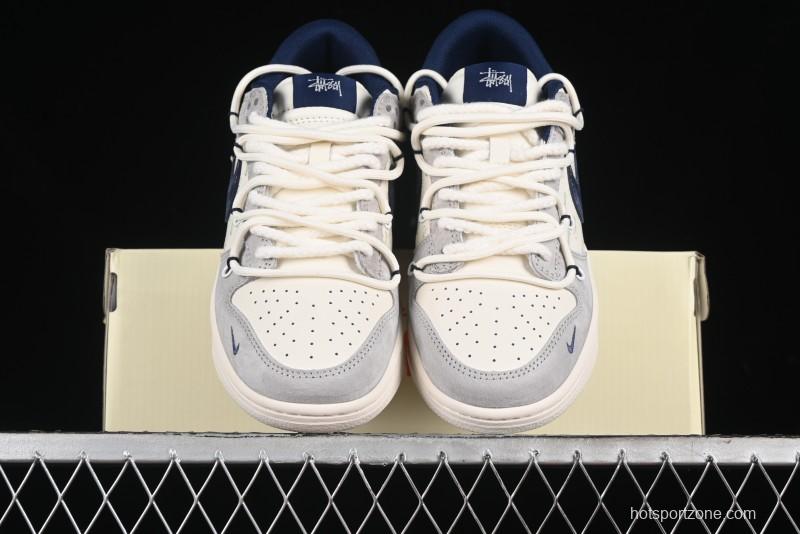 Nike SB Dunk Low Stussy Collaboration - Lace-Up Off White Navy Swoosh Anniversary High-End Custom Low-Top Casual Sneakers - SJ2068-308