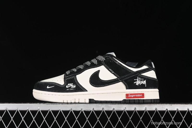 Nike SB Dunk Low Supreme x Stussy Triple Collaboration - Black White Black Swoosh Anniversary Custom Low Top Casual Skate Shoes - SJ2068-300
