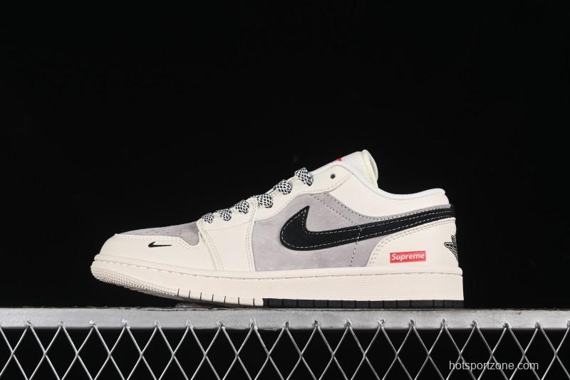 Nike Air Jordan 1 Low Supreme Collaboration - Dual-Tone Black Swoosh Custom Retro Basketball Shoes - SJ9950-043