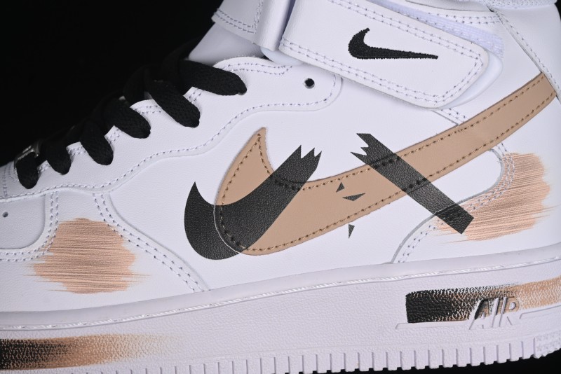Nike Air Force 1 '07 Mid Hand-Painted White Black Brown with Swoosh Shadow Strap Mid-Top Casual Sneakers - CW2289-111