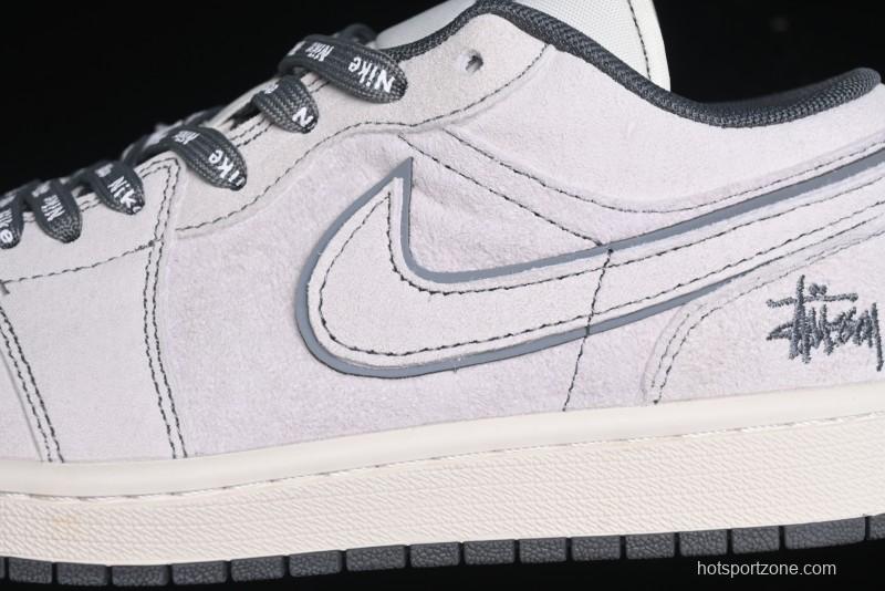 Nike Air Jordan 1 Low AJ1 Stussy Collaboration - Premium Customized Pigskin Grey Line Retro Basketball Shoes - DM9188-005