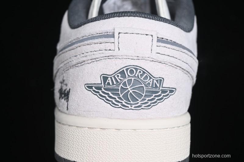 Nike Air Jordan 1 Low AJ1 Stussy Collaboration - Premium Customized Pigskin Grey Line Retro Basketball Shoes - DM9188-005