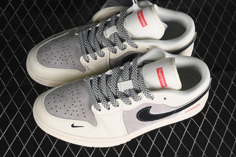 Nike Air Jordan 1 Low Supreme Collaboration - Dual-Tone Black Swoosh Custom Retro Basketball Shoes - SJ9950-043
