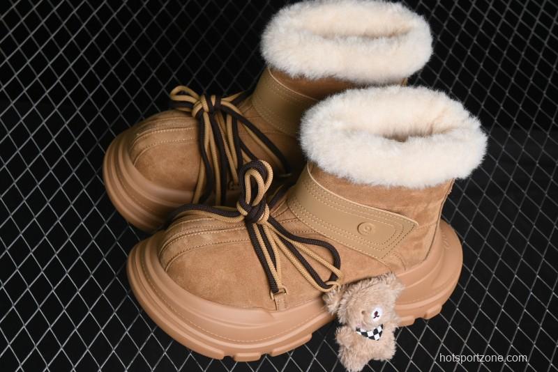 Ouder Retro Lace-Up Mid-Calf Warm & Thickened Platform Casual Snow Boots with Wool Lining - Oud024 Brown