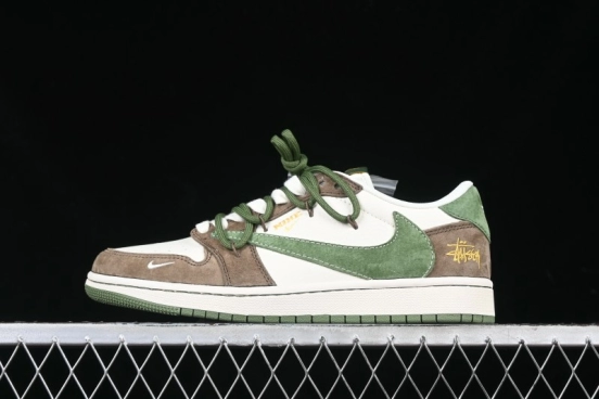 Nike Travis Scott x Fragment Design x Air Jordan 1 Low OG SP AJ1 Stussy Collaboration Suede Green Low Top Casual Sneakers - XS3186-202