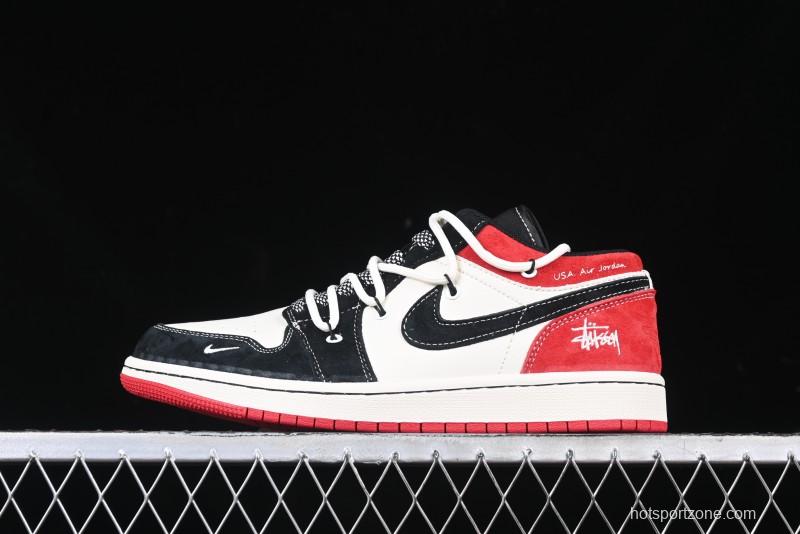 Nike Air Jordan 1 Low Stussy Collaboration - Black Red Custom High-End Retro Basketball Shoes - SJ9950-048