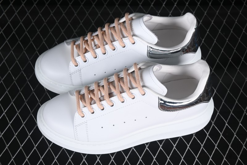 Alexander McQueen Oversized Sneakers with Mirror Silver Heel - White Leather Lace-Up Shoes