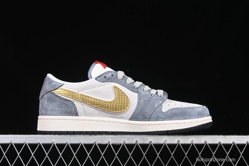 Nike Travis Scott x Fragment Design x Air Jordan 1 Low OG SP AJ1 Snake Year Limited Gold Snake Low-top Casual Sneakers - XZ2025-288