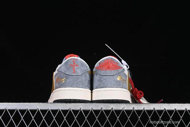 Nike Travis Scott x Fragment Design x Air Jordan 1 Low OG SP AJ1 Snake Year Limited Gold Snake Low-top Casual Sneakers - XZ2025-288