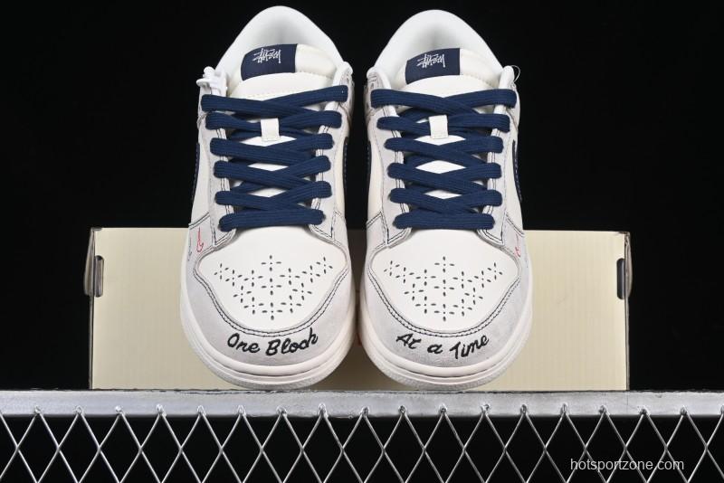 Nike SB Dunk Low Stussy Collaboration Embroidered Navy Swoosh Anniversary Custom Low-Top Casual Sneakers - MM1089-032