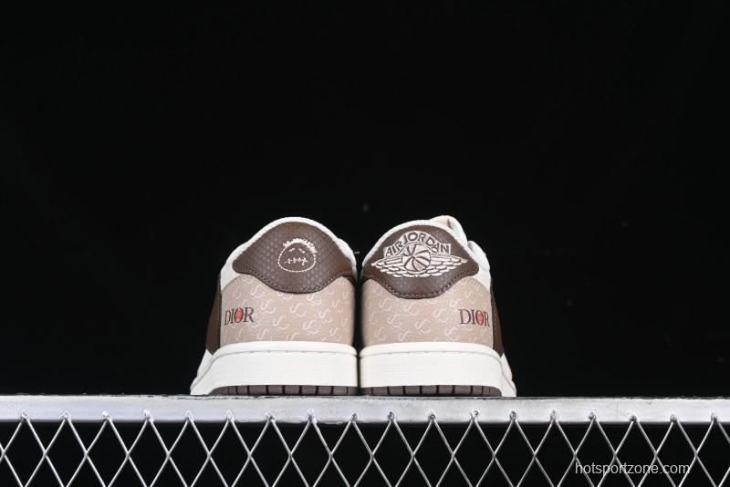 Nike Travis Scott x Fragment Design x Air Jordan 1 Low OG SP AJ1 Snake Year Limited Brown Snake Print Low Top Casual Sneakers - DM7866-074