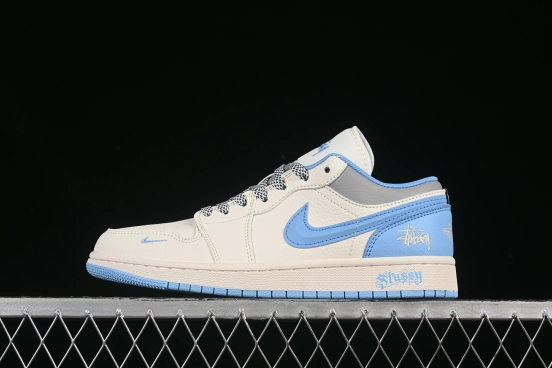 Nike Air Jordan 1 Low Stussy Collaboration White Blue 3D Swoosh High-End Custom Retro Basketball Shoes - XS6086-559