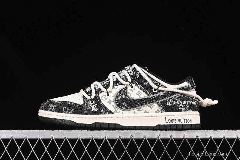 Nike SB Dunk Low LV Collaboration Strap Black Denim Print Anniversary High-End Custom Low-Top Casual Skate Shoes - YX5066-320