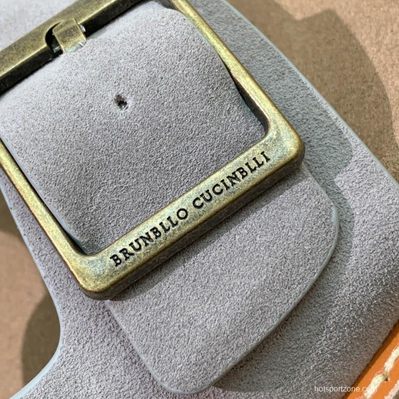 2025 Unisex Brunello Cucinelli Light Grey Suede Casual Sandals With Adjustable Buckles KFY00250