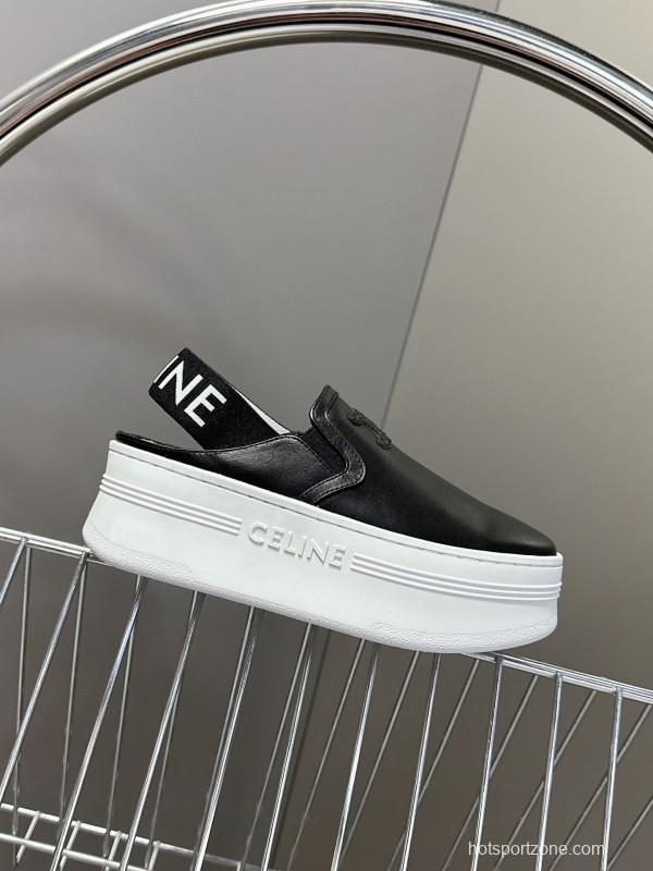 2025 Women CELINE Black White Leather Slip-On Sneakers LY00280