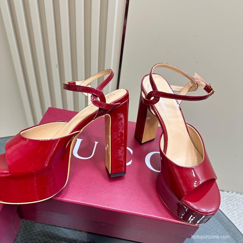 2025 Women Gucci Red Patent Leather Platform Sandals