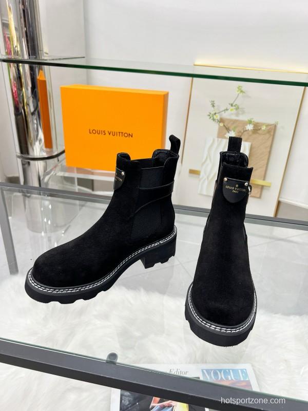 2024 Women Louis Vuitton Black Suede Leather Ankle Boots MJ00310