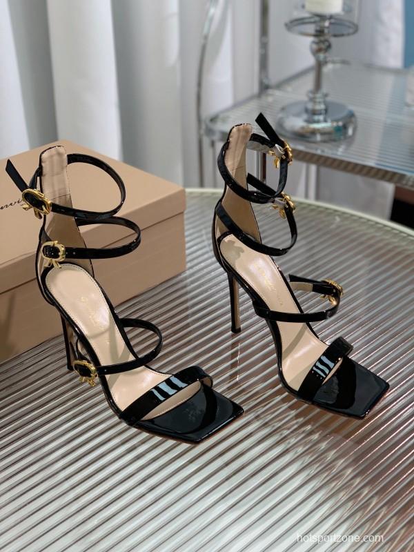 2025 Women Gianvito Rossi Black Patent Leather Strappy High Heel Sandals
