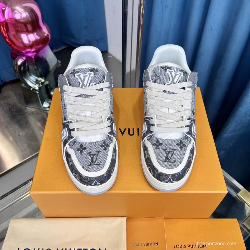 2025 Unisex Louis Vuitton Grey White Fabric Leather Sneakers