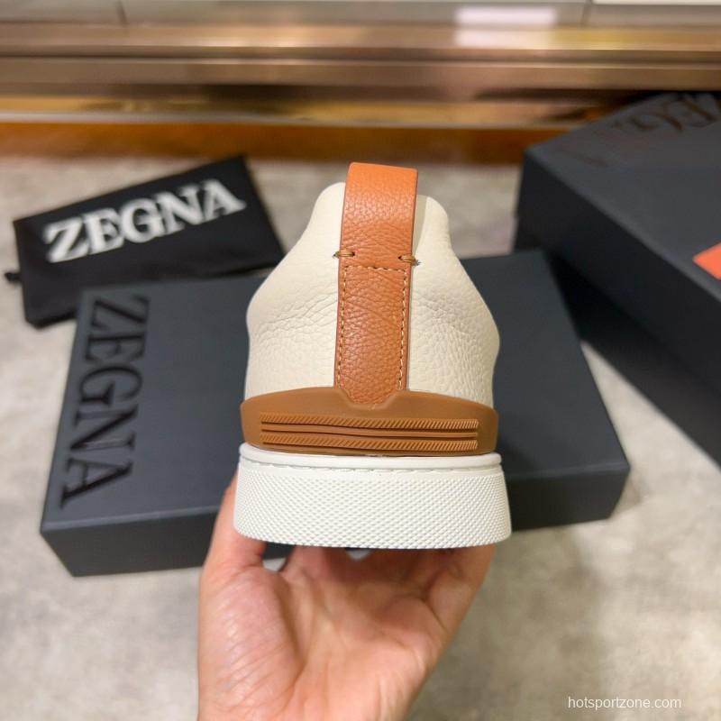 2024 Men Ermenegildo Zegna White Brown Calf Leather Pelletessuta Sneakers Elastic Detail MJ00280