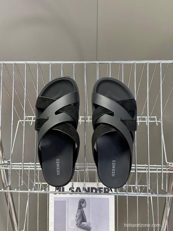 2025 Slippers Hermès Black Leather Slippers