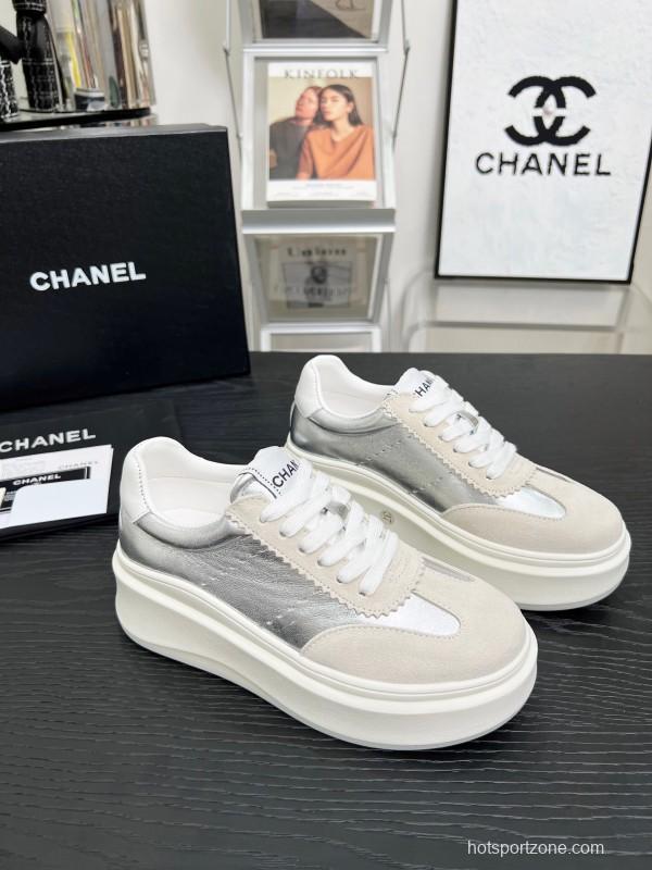 2025 Women Chanel White Silver Leather Suede Sneakers