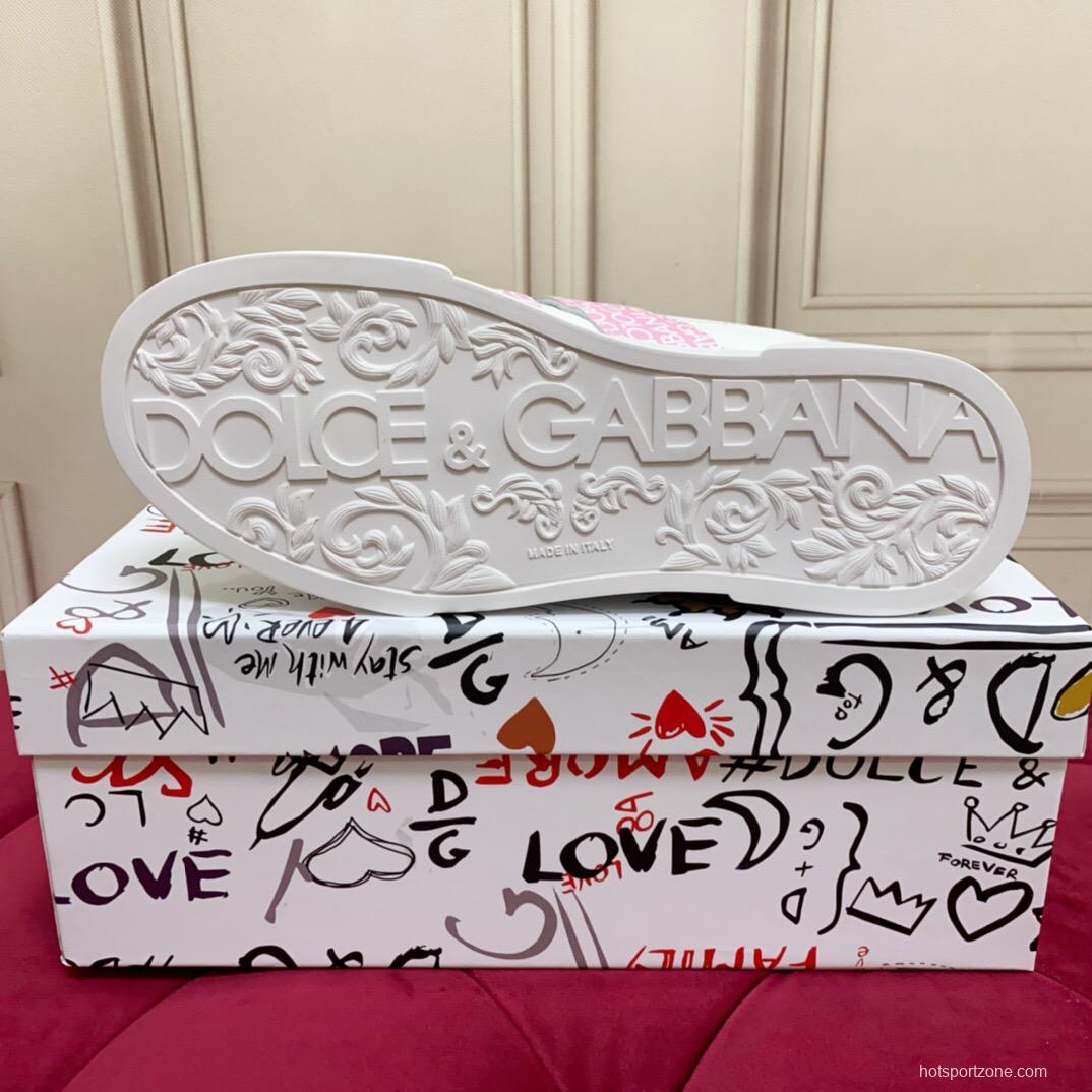 2025 Women Dolce & Gabbana White Pink Leather Sneakers LY00300