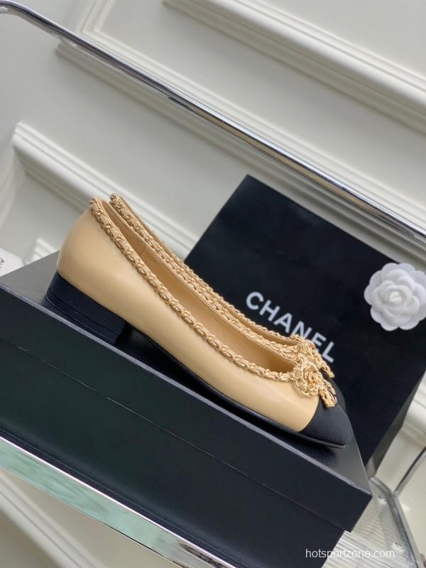 2025 Women Chanel Beige Black Leather Ballet Flats